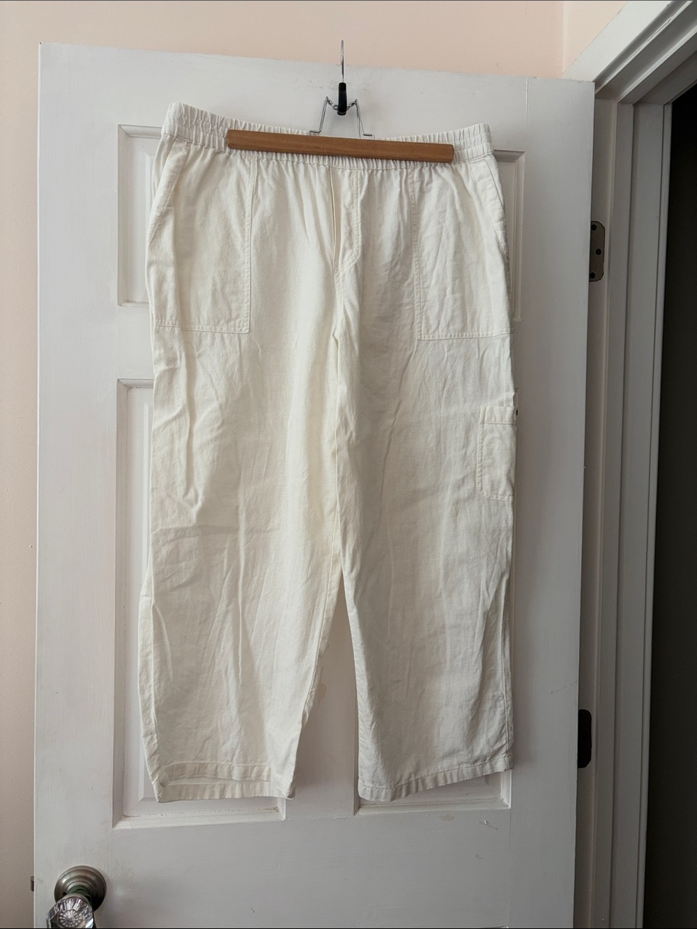 Susan Graver Cream Elastic-Waist Linen Blend Pull-On Pants